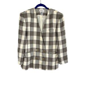 Houndstooth Neutral Plaid Blazer 14 Tan 90s Preppy Classic Academia Chic Artsy